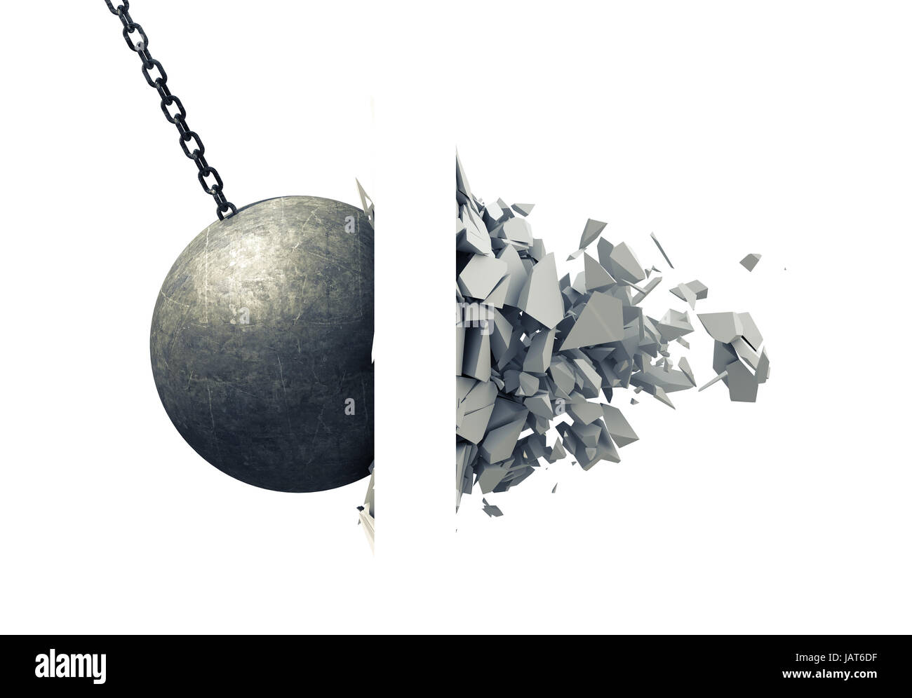 Metallic Wrecking Ball Shattering Wall. 3D Illustration. Stock Photo