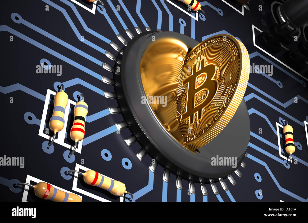 Putting Bitcoin Into Coin Slot On The Motherboard And Creating Heart Shape With Reflection. 3D Illustration. Stock Photo