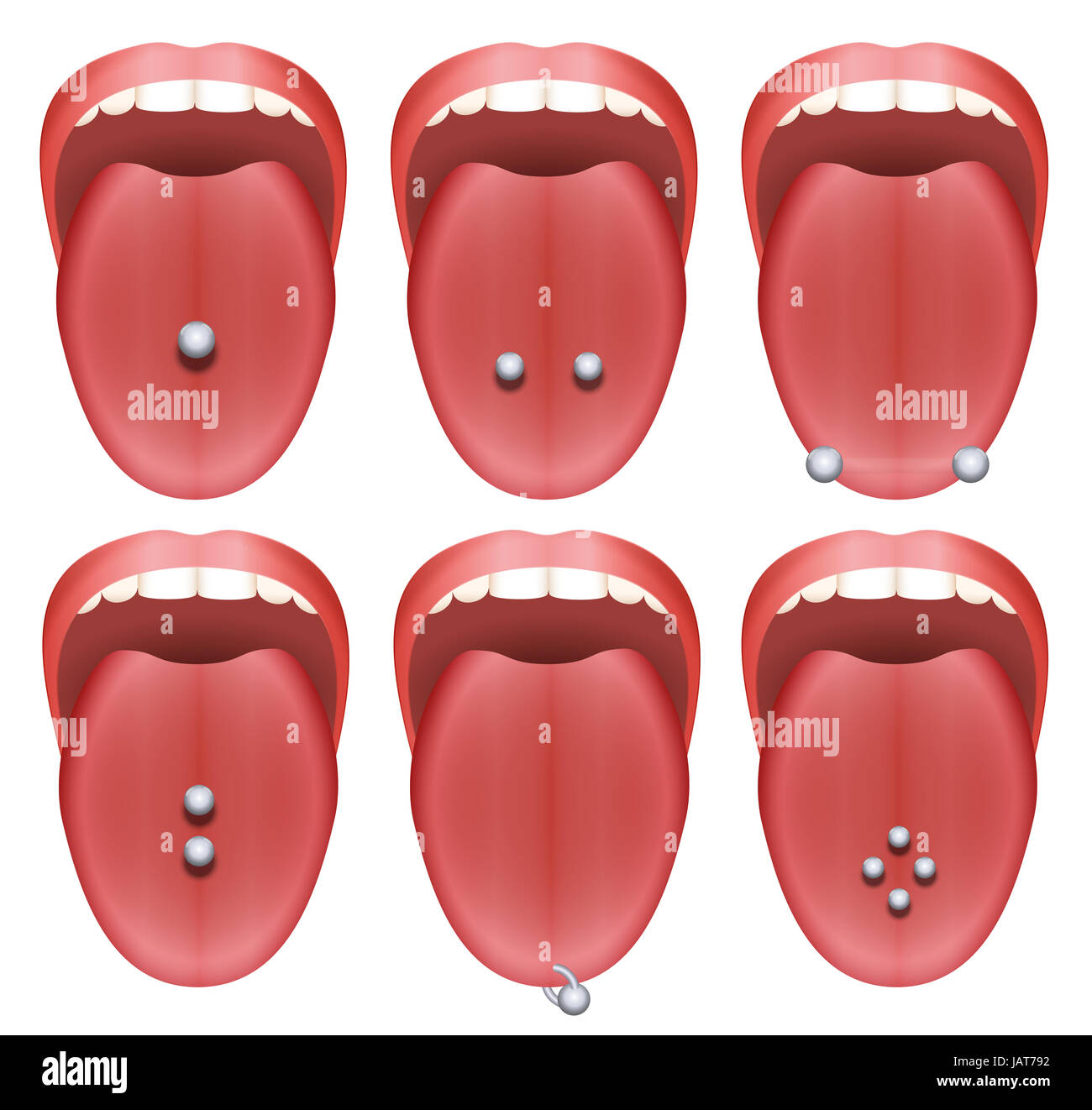 Tongue piercing examples - nine different illustrations on white background. Stock Photo