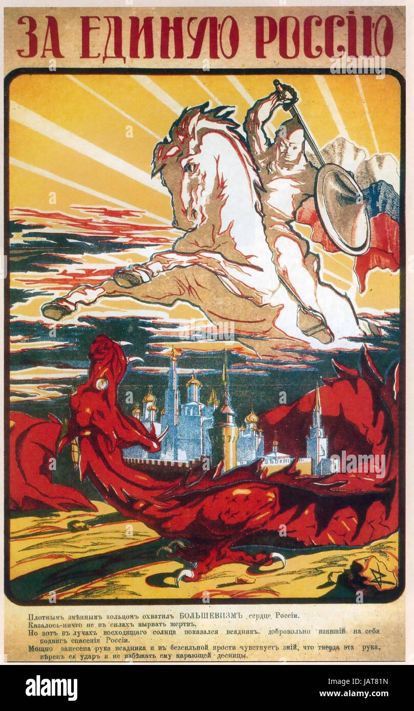 RUSSIAN CIVIL WAR A White Russian poster about 1920 shows the White knight attacking the red Bolshevik dragon Stock Photo