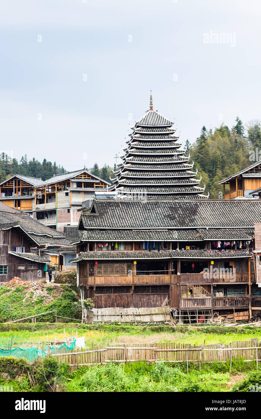 travel to China tower and wooden houses in Chengyang village of