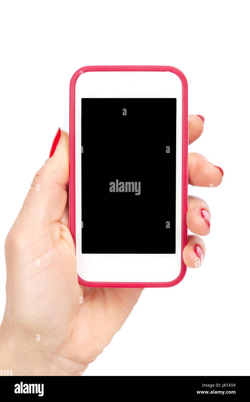 Female hand holding a smartphone. Isolated on white background Stock ...