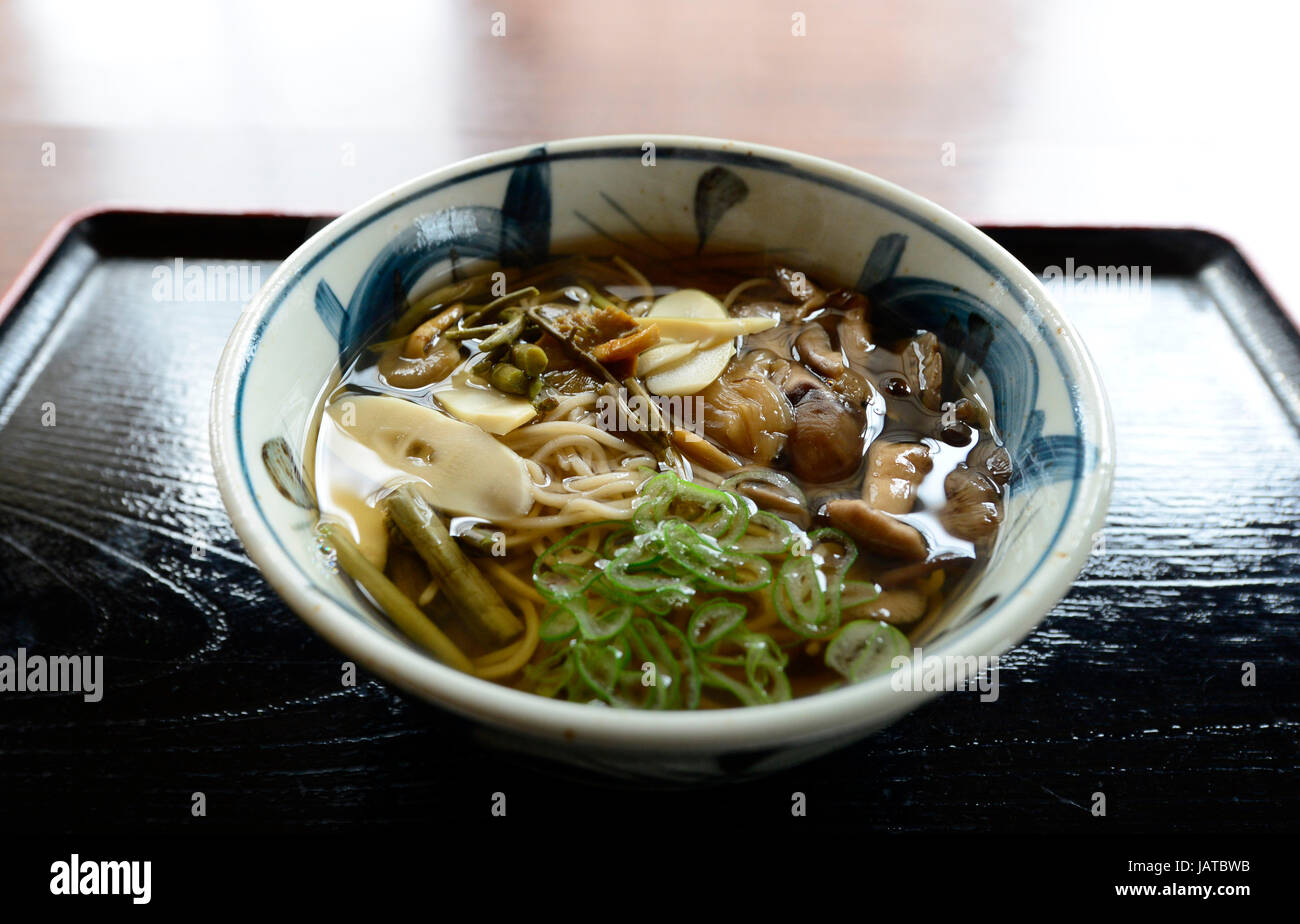 Japanese Soba noodles with wild mushrooms and vegetables. Stock Photo