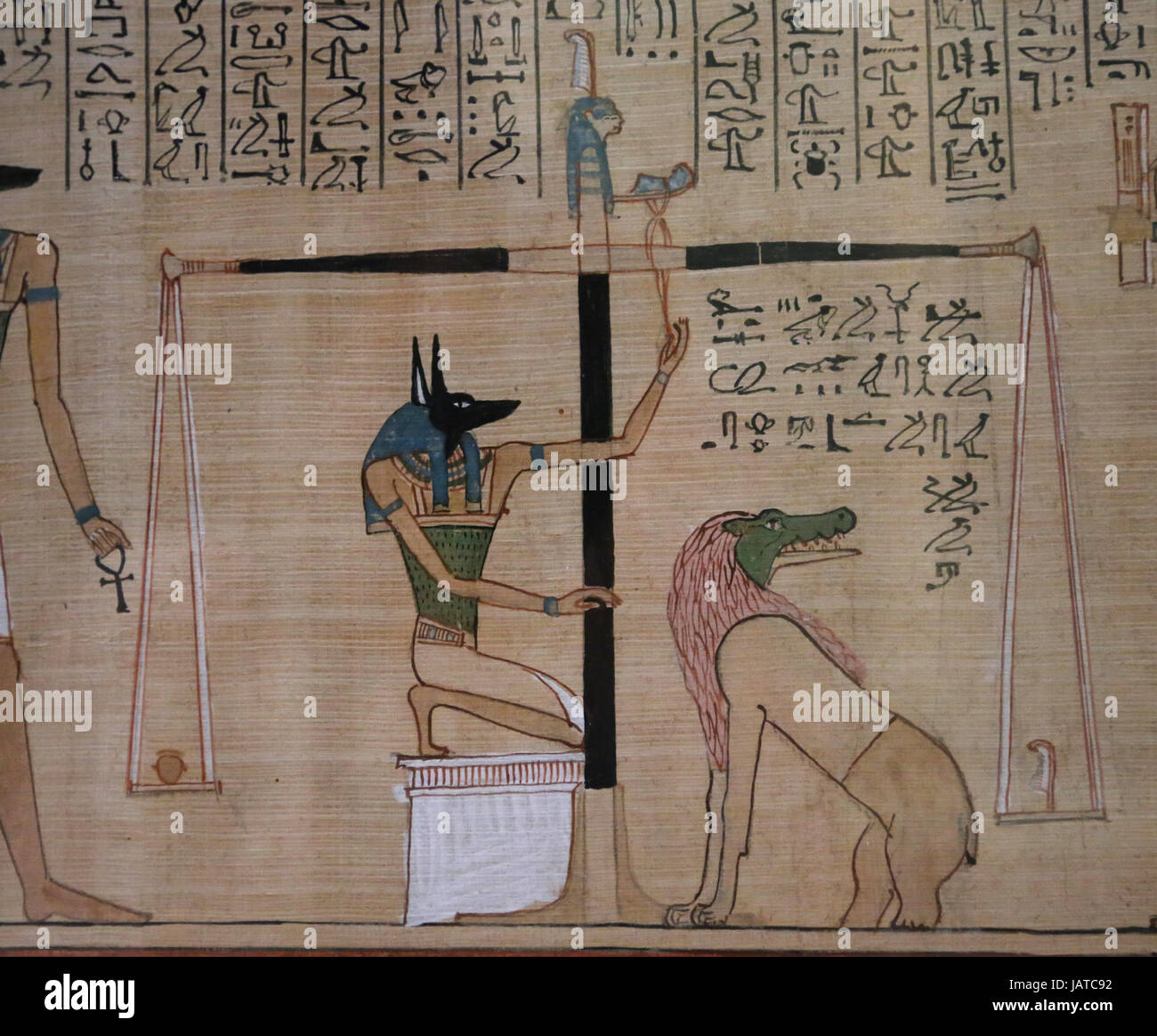Book of the Dead. Judgement from scribe Hunefer. 19th dynasty. 1300 BCE. Anubis weighed the heart with Ammit. 1300 BCE. Weighing of his heart. British Stock Photo