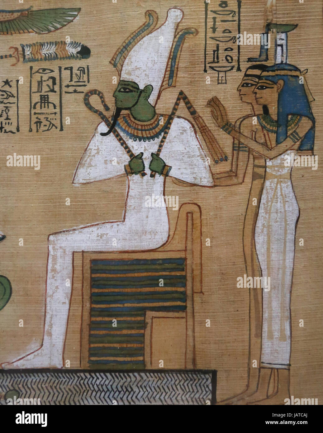 Book of the Dead. Judgement from scribe Hunefer. 19th dynasty. 1300 BCE.  Osiris, seated with Isis and Nephthys. British Museum. London. Stock Photo
