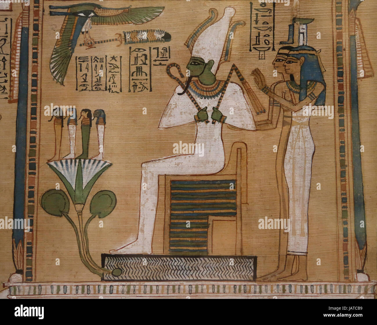 Book of the Dead. Judgement from scribe Hunefer. 19th dynasty. 1300 BCE.  Osiris, seated with Isis and Nephthys. British Museum. London. Stock Photo