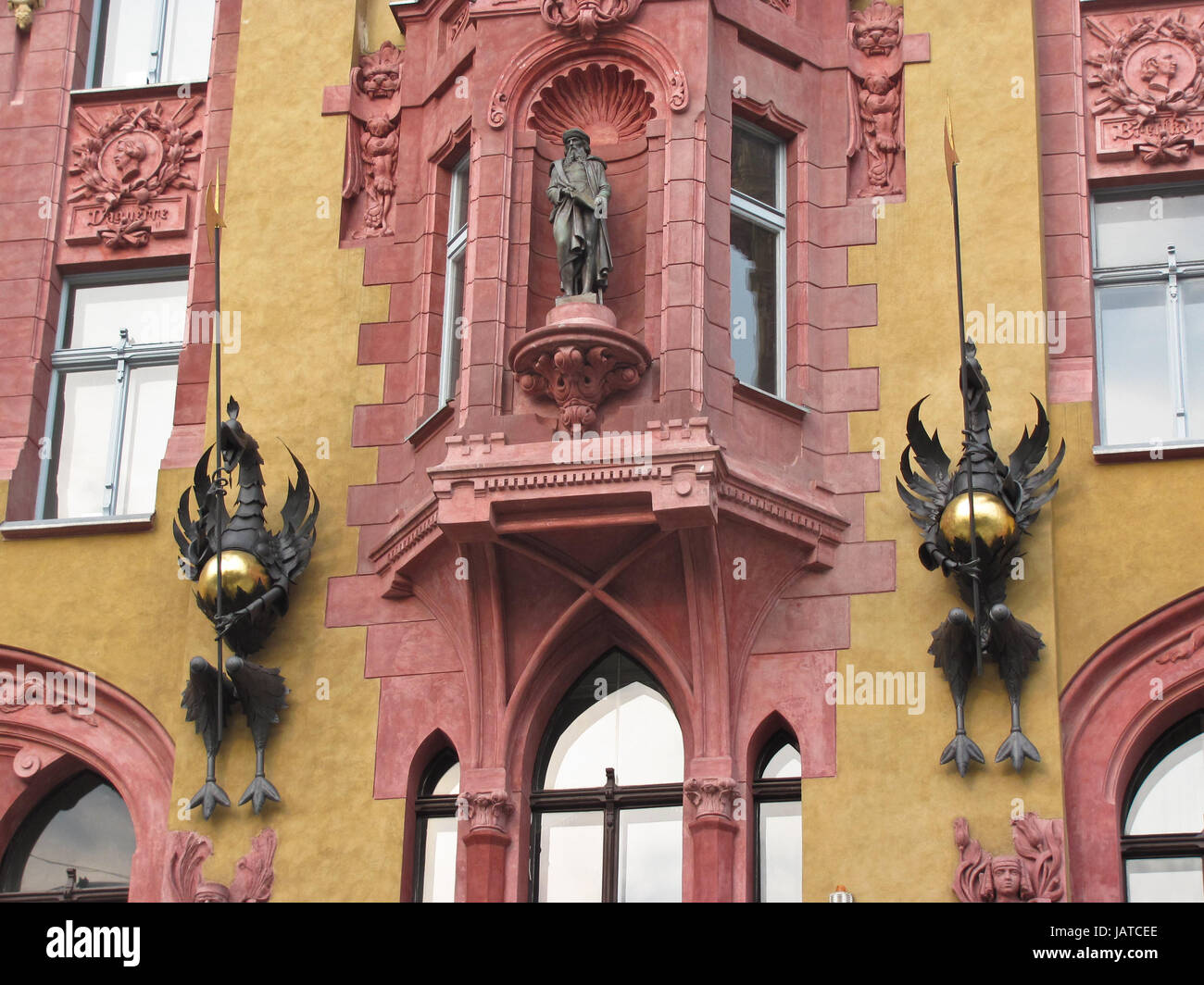 Beautiful facade of an old house. Piotrkowska street number 86, is famous for eclectic tenement houses Stock Photo