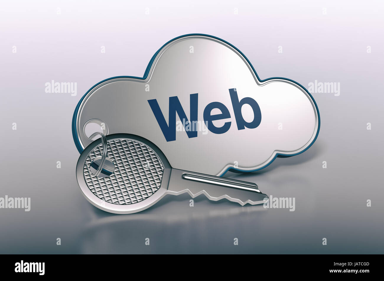 one cloud with a key and text: web, concept of computer, web, network (3d render) Stock Photo
