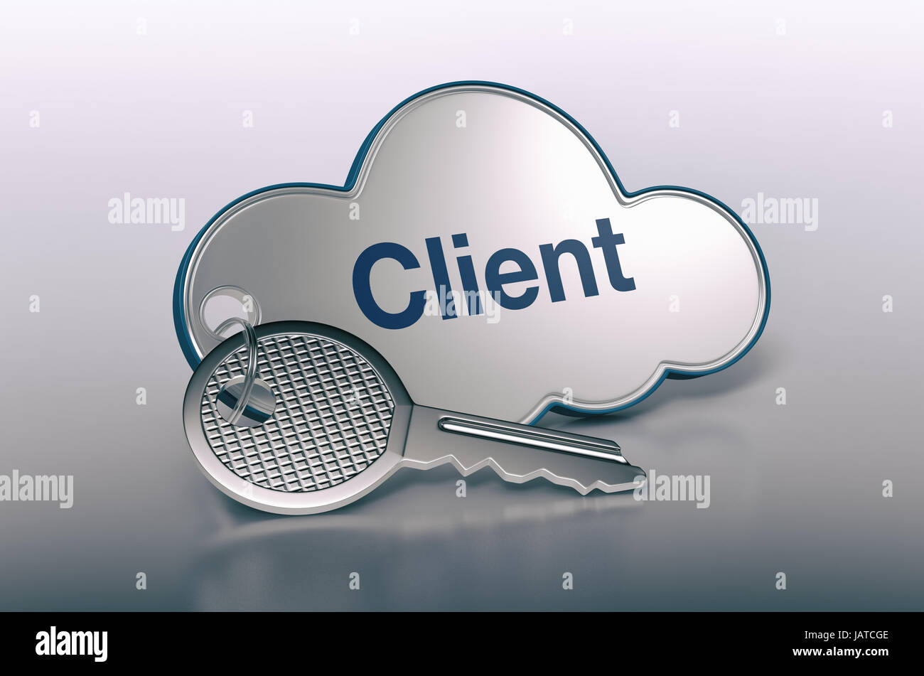 one cloud with a key and text: client, concept of computer, web, network (3d render) Stock Photo