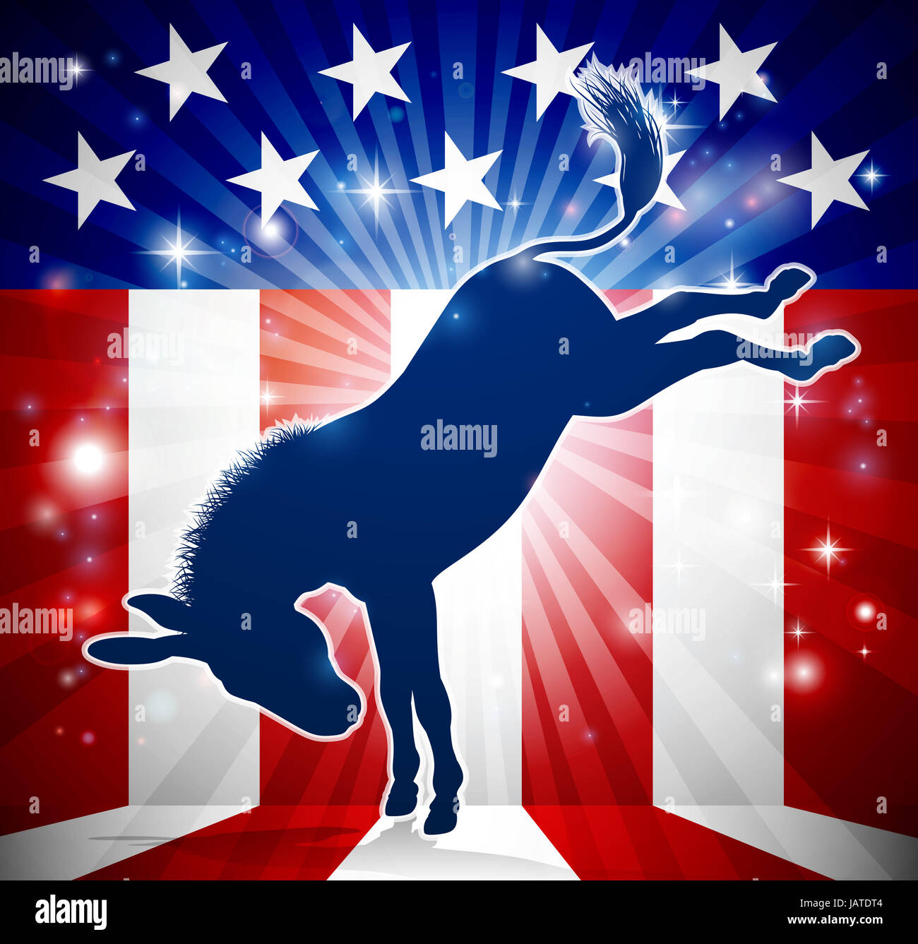 A donkey in silhouette kicking with an American flag in the background democrat political mascot Stock Photo
