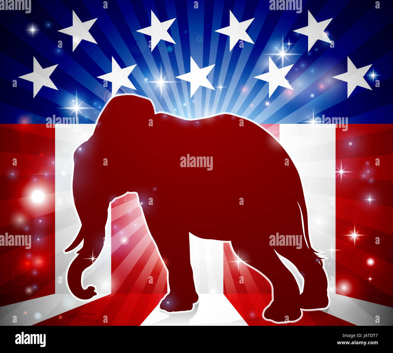 An elephant in silhouette with an American flag in the background republican political mascot animal Stock Photo