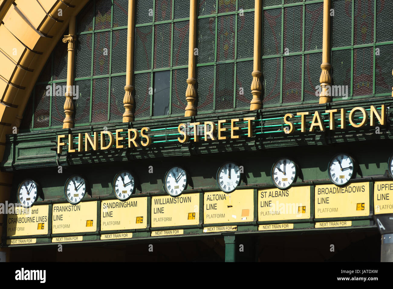 Clocks at entrance of Flinders street railway station, Melbourne, Victoria, Australia. Stock Photo