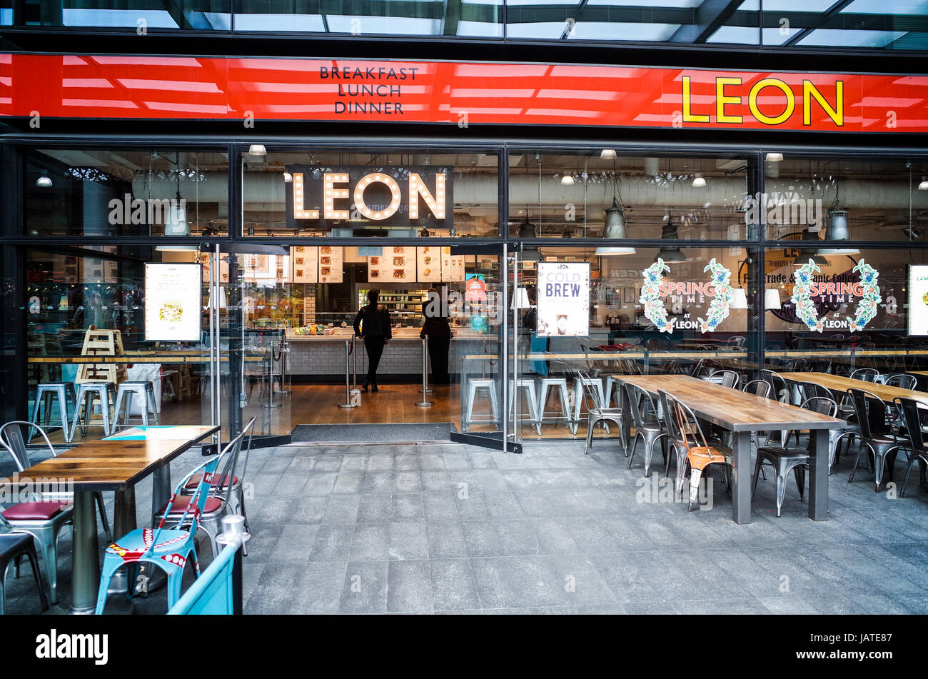 The Leon restaurant in London's redeveloped Spitalfields Market. Leon is a chain of 40+ restaurants setup in 2004 to provide natural fast food. Stock Photo