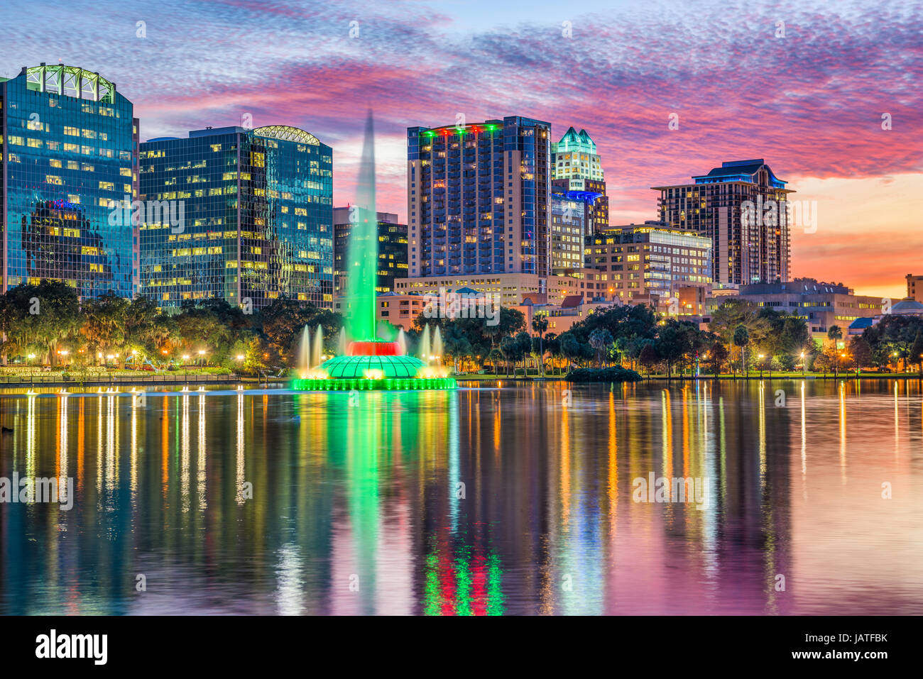 Orlando, Florida, USA downtown skyline at Eola Lake. Stock Photo