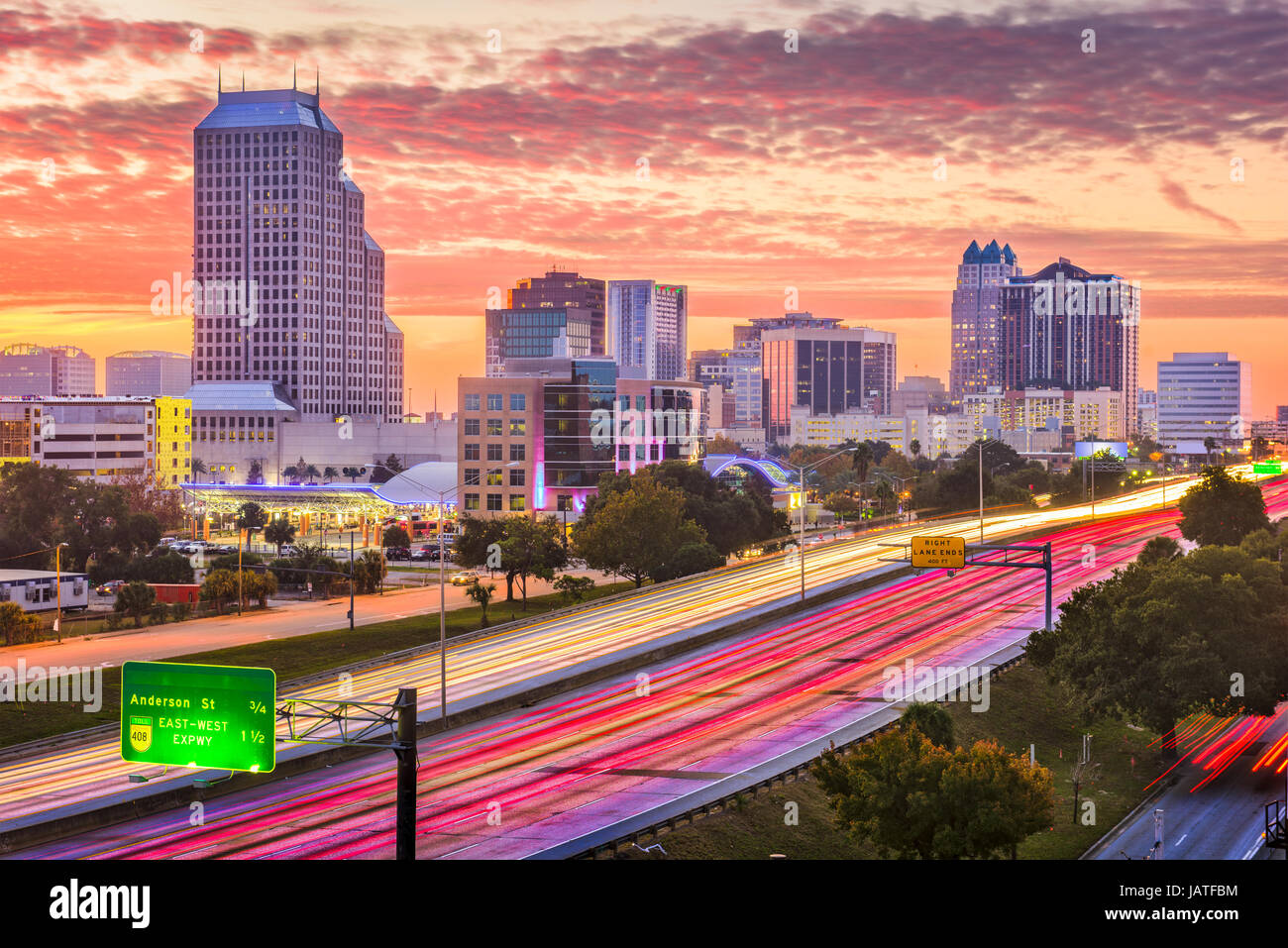 Orlando, Florida, USA downtown cityscape over the highway. Stock Photo