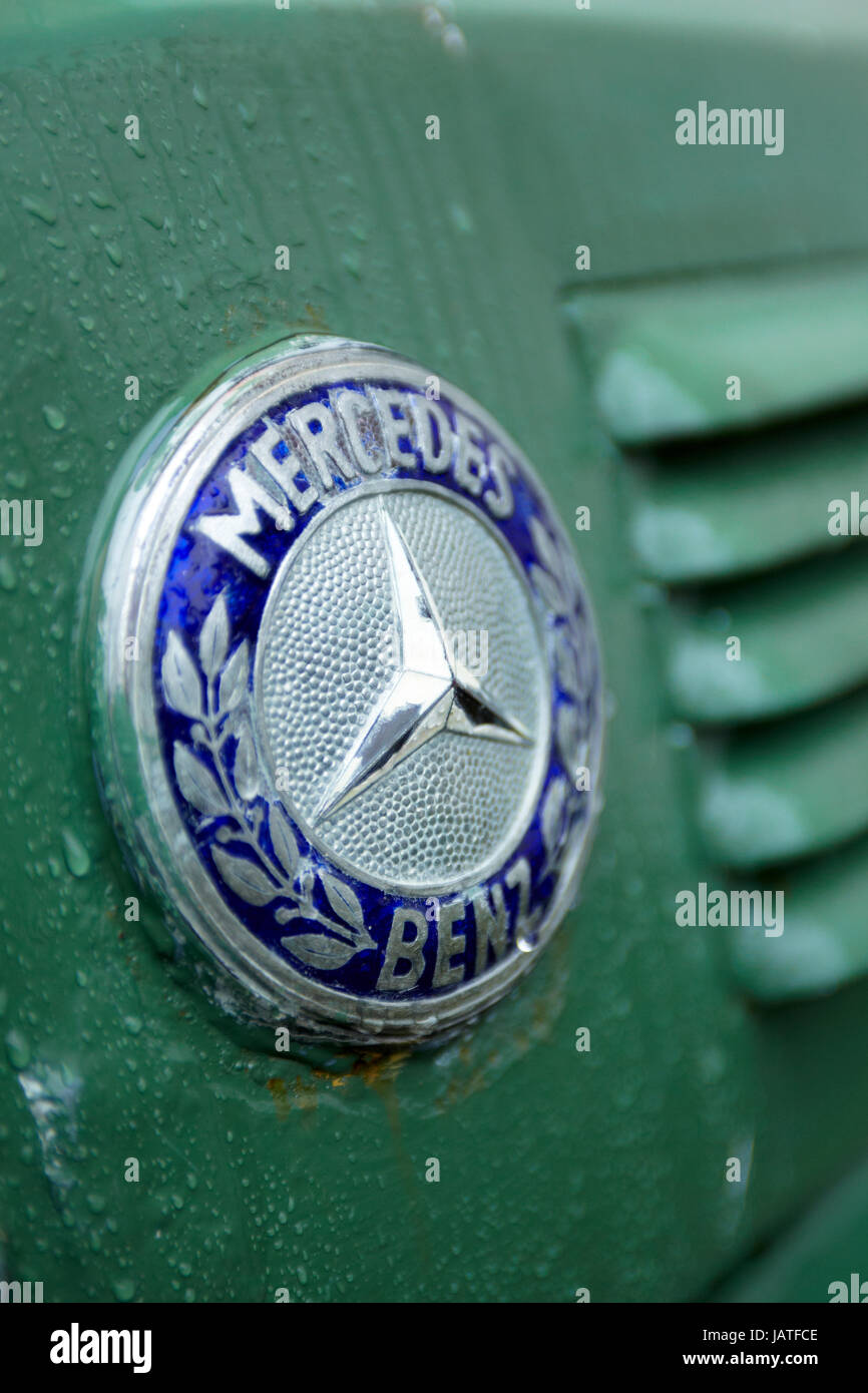 Mercedes Benz badge on an old truck in the Lofoten Islands, Norway. Stock Photo