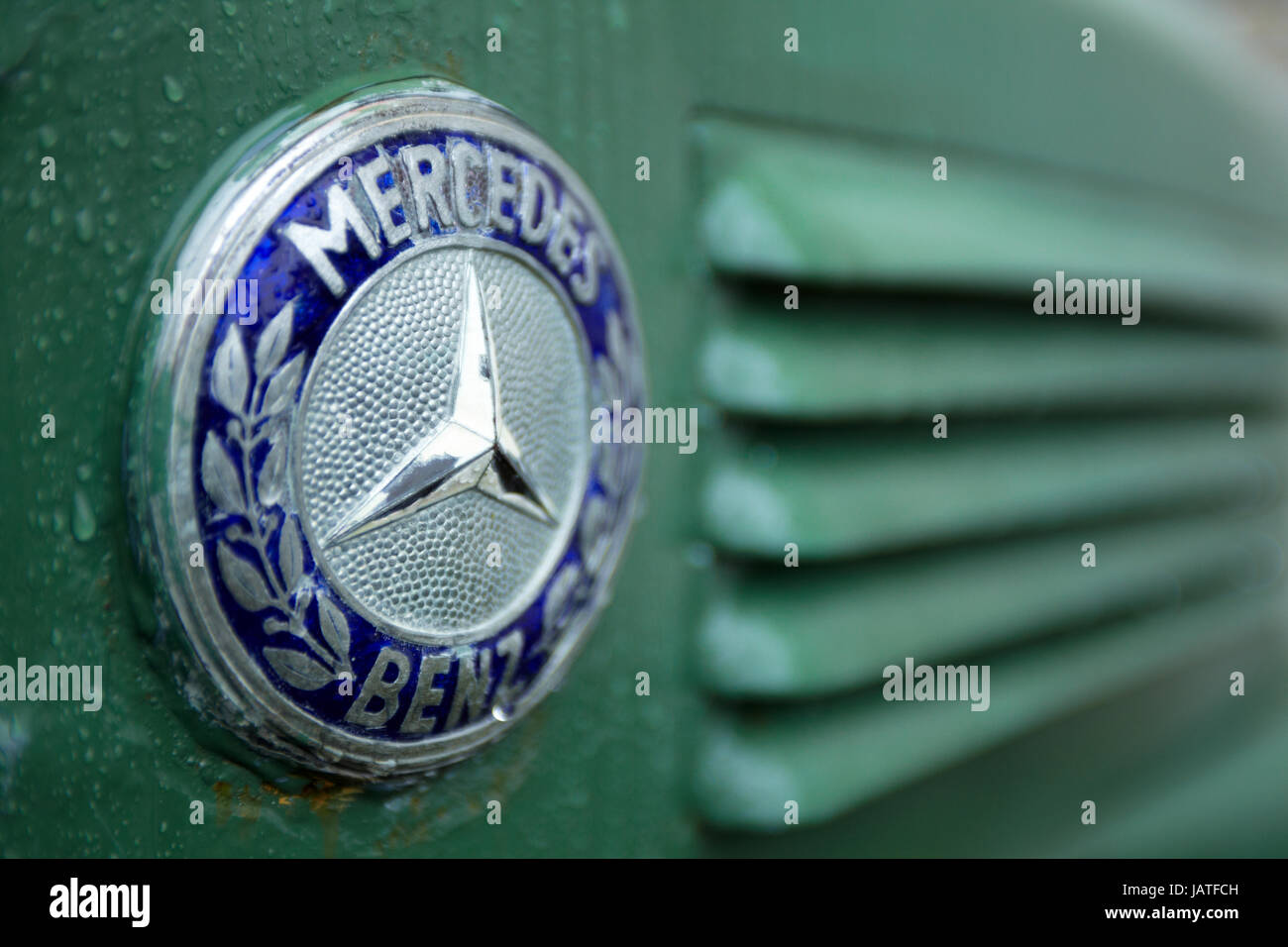Mercedes Benz badge on an old truck in the Lofoten Islands, Norway. Stock Photo