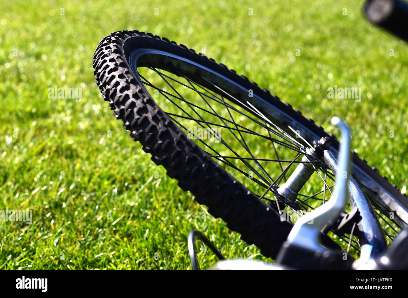 Close up of a Bicycle Wheel contrasting with the grass Stock Photo