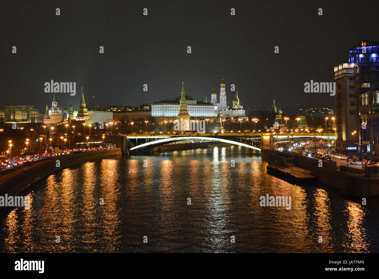 Moscow river and the Moscow Kremlin. City landscape of the Russian capital at night. Stock Photo
