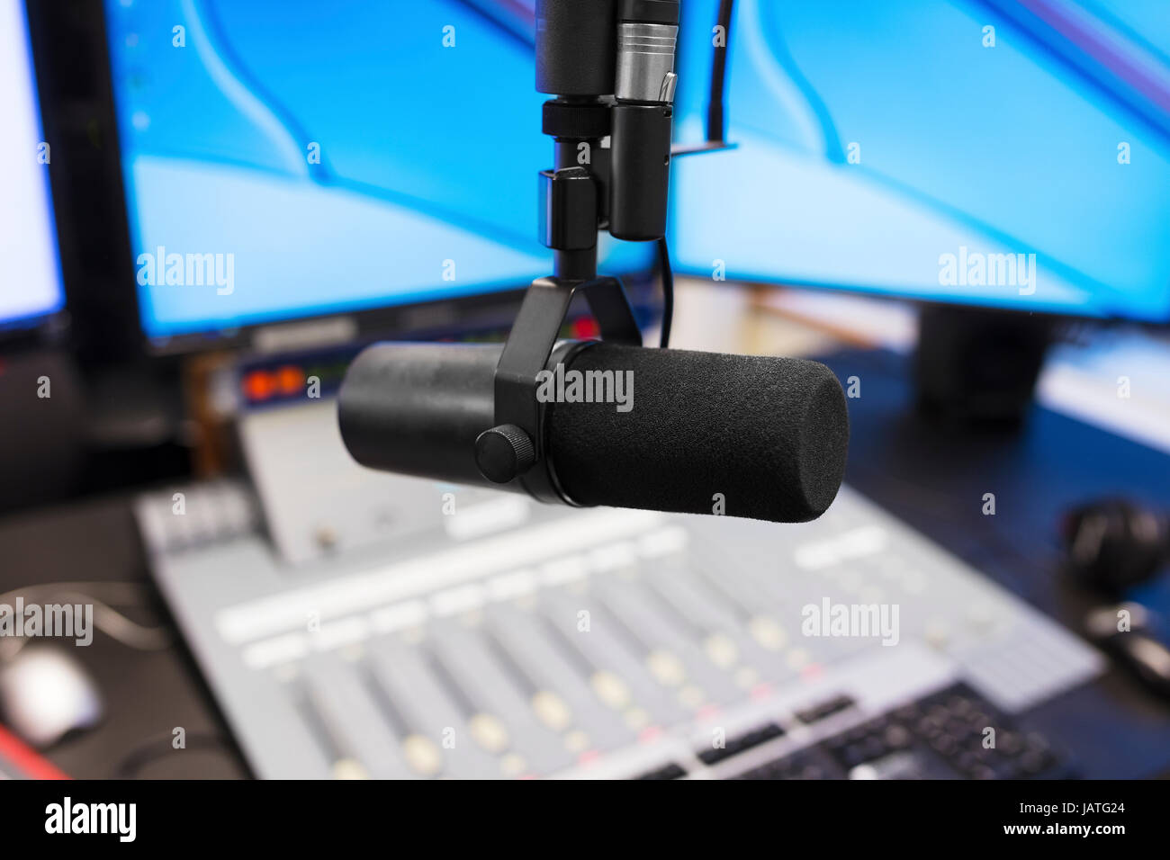 Microphone in modern radio station broadcasting studio Stock Photo