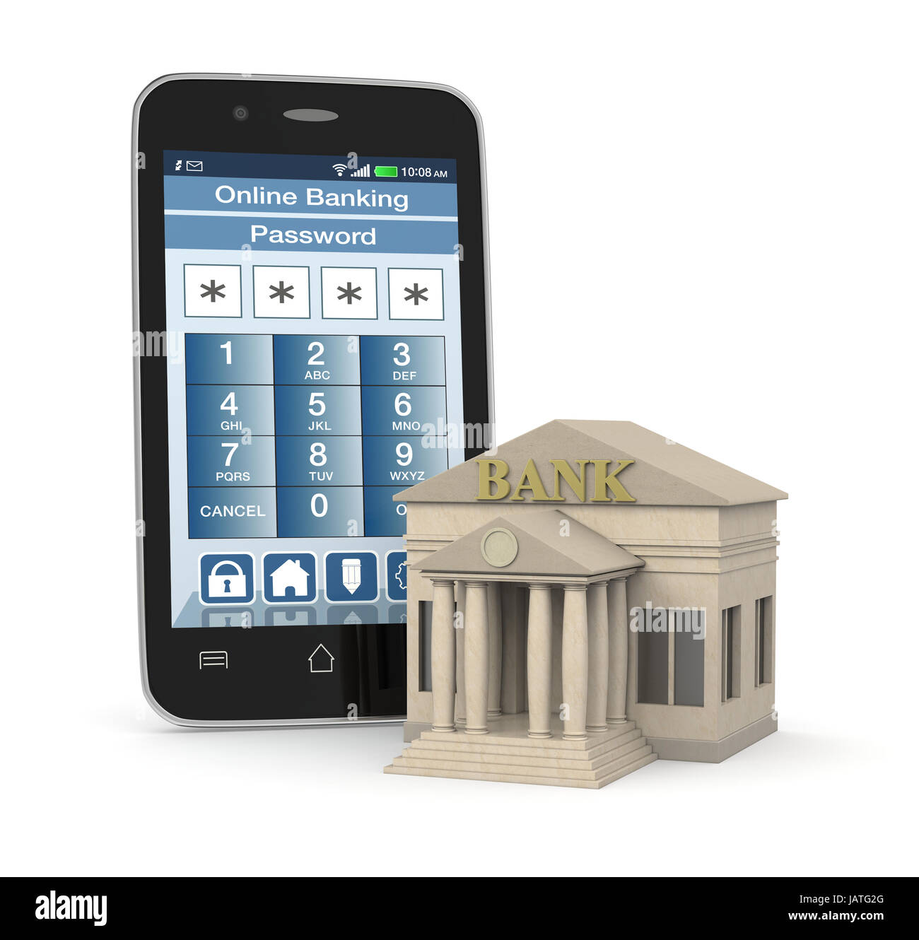 one bank building and a smartphone with an online banking app (3d render) Stock Photo