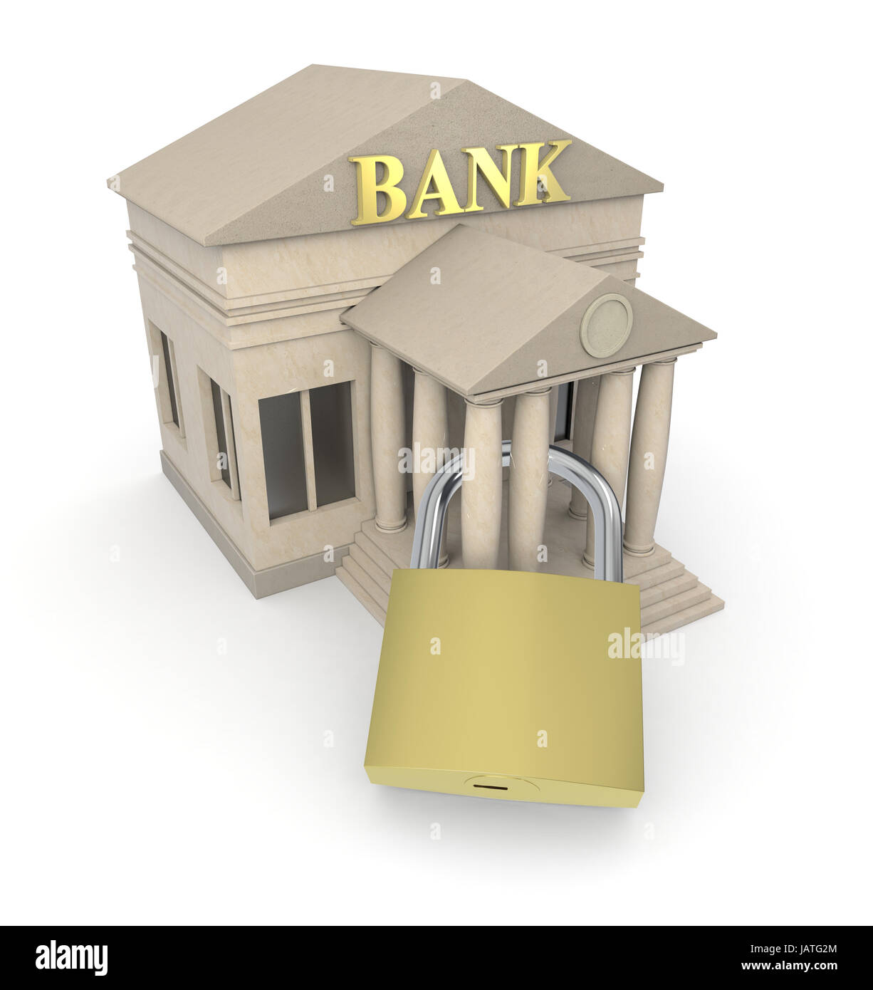 one bank building and a padlock, concept of safety (3d render Stock