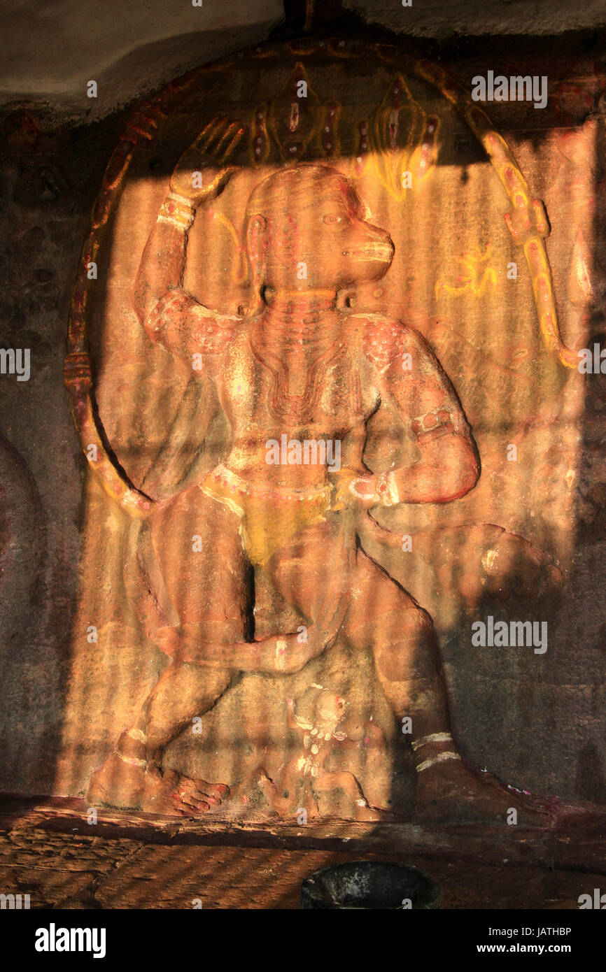 Rock-cut Anjaneya statue at temple in Badami, Karnataka, India, Asia Stock Photo