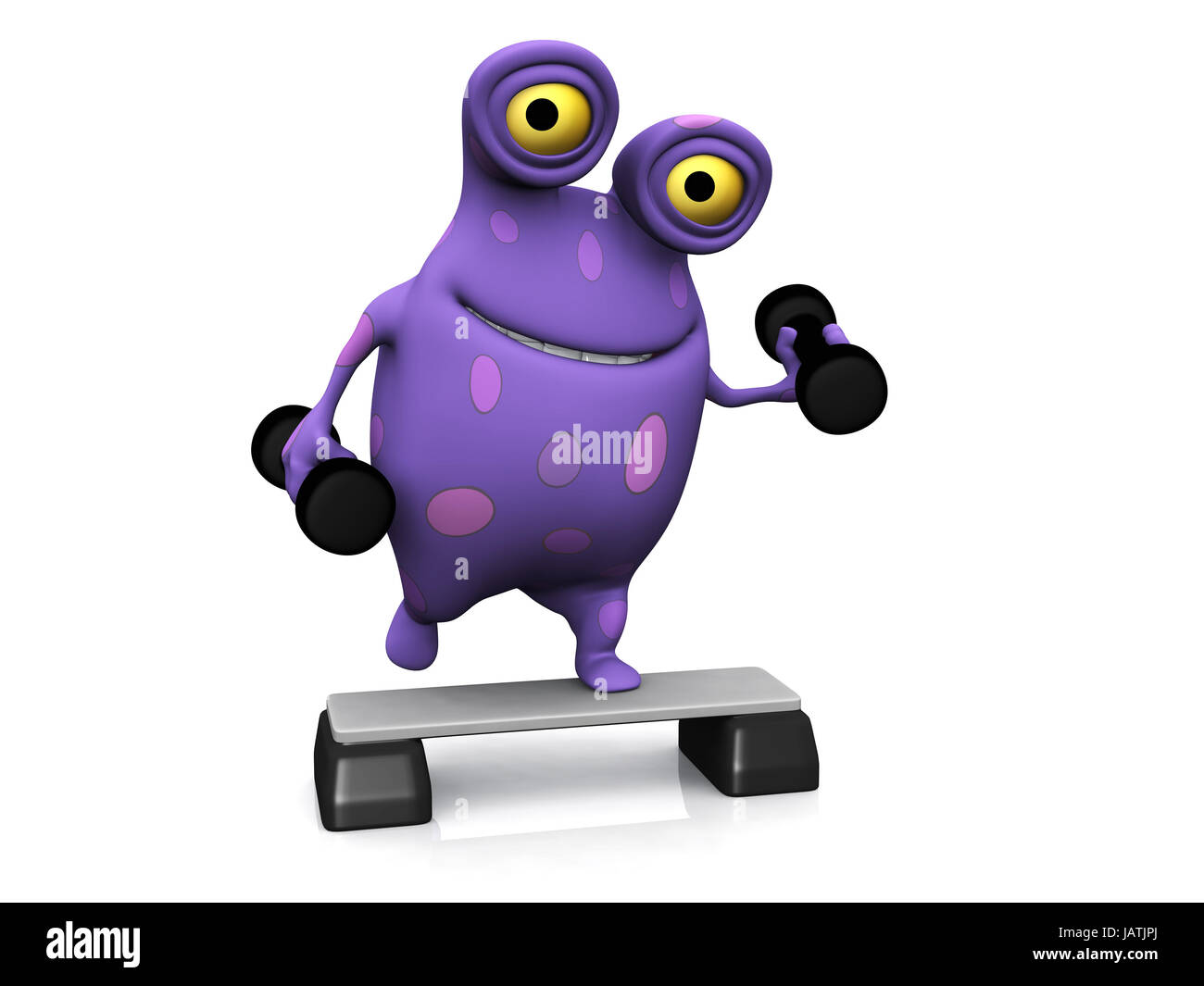 A cute charming cartoon monster exercising with dumbbells and a step up board. The monster is purple with big spots. White background. Stock Photo