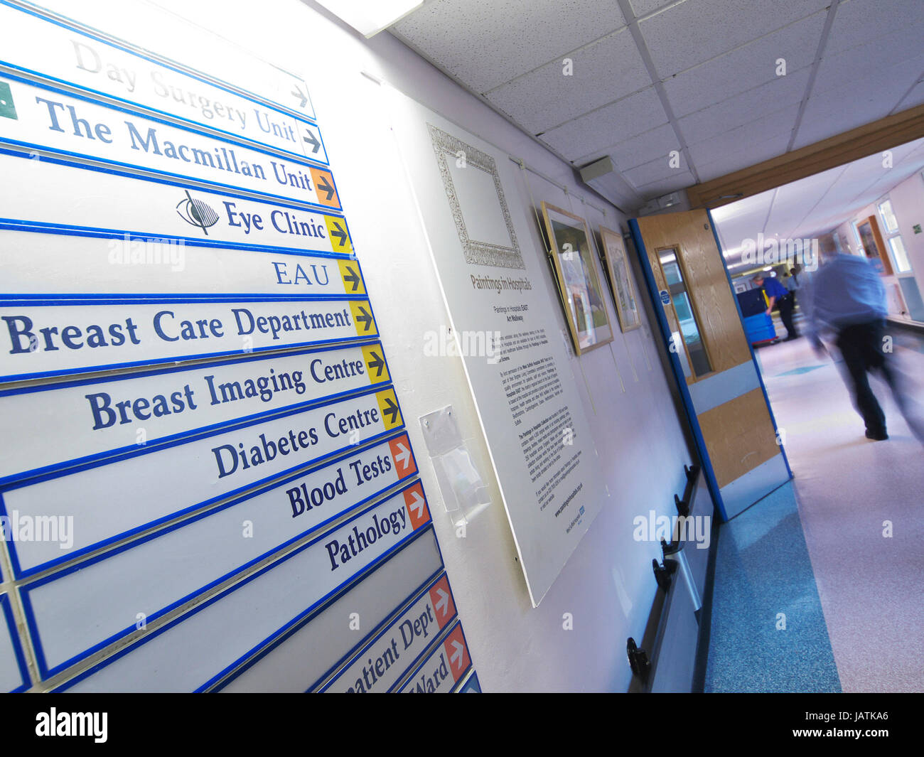 NHS Hospital signage in UK hospital with patient blur through doorways and corridors Stock Photo