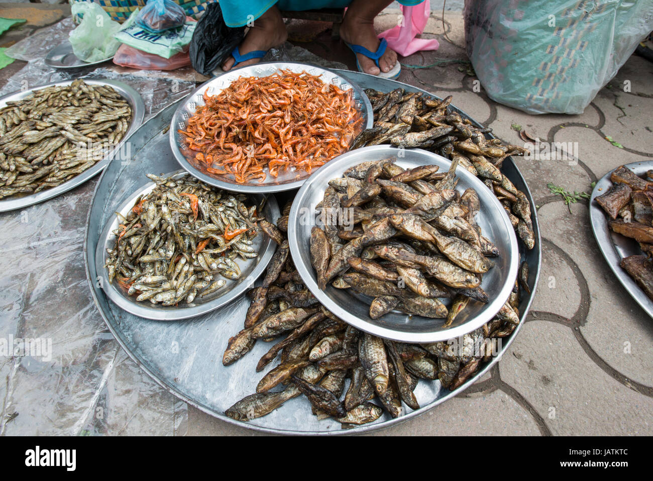 Dried fish are on display at a market stall in Imphal, Manipur, India Stock Photo