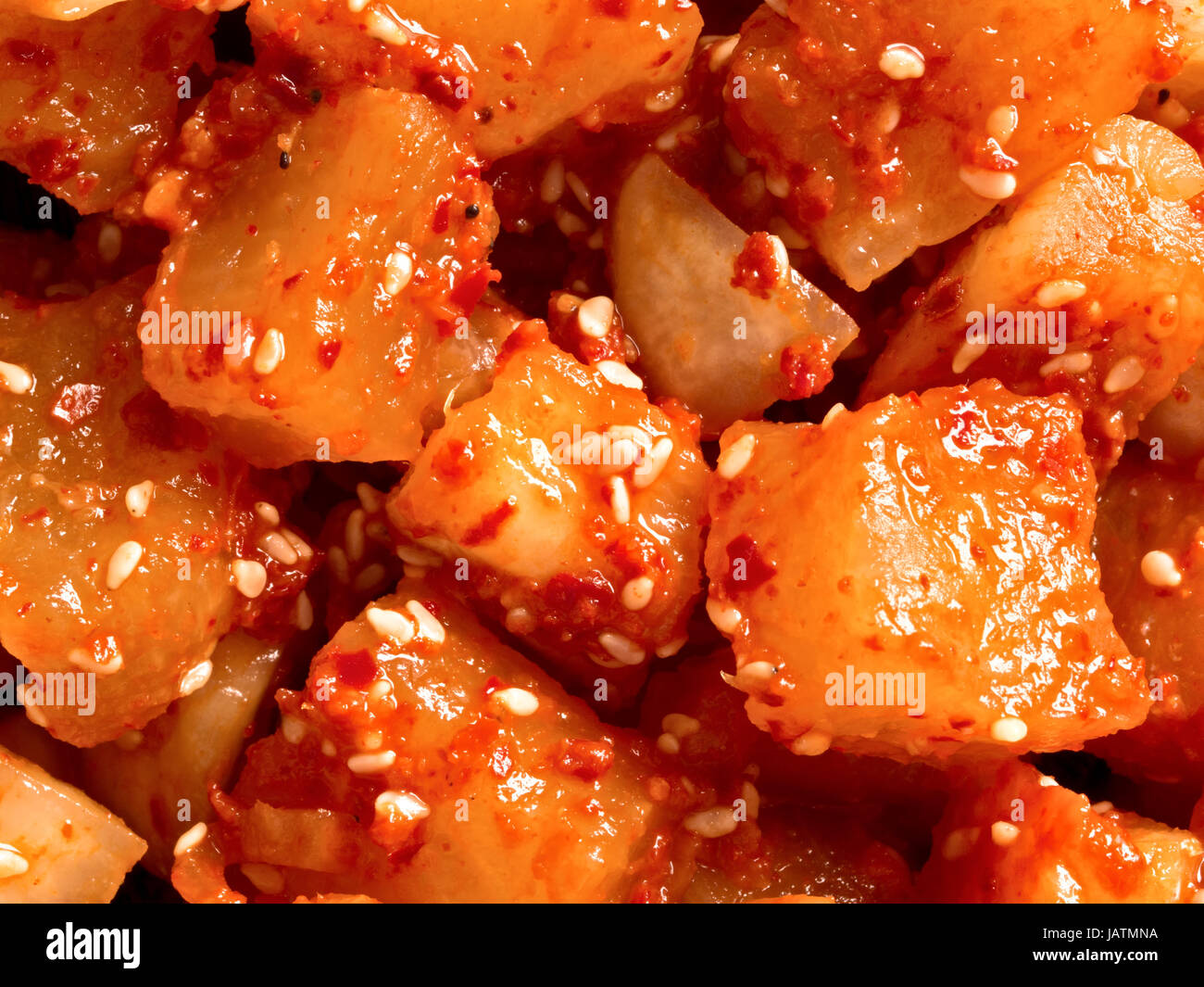 close up of korean pickled radish banchan food background Stock Photo