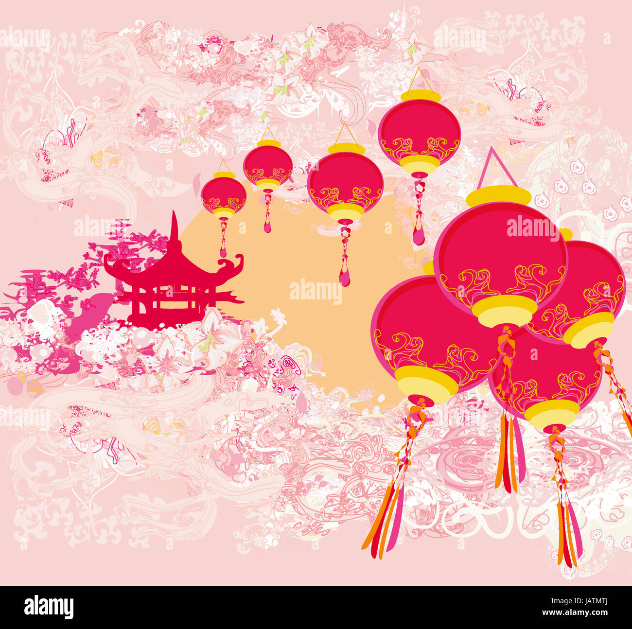 chinese new year card traditional lanterns and asian buildings