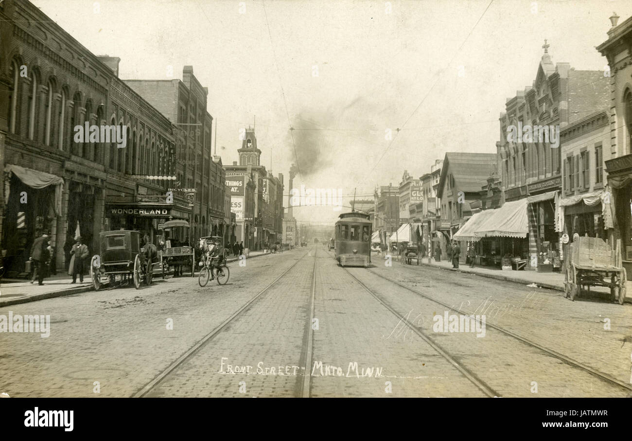 Antique c1910 photograph, Front Street in Mankato, Minnesota. SOURCE: ORIGINAL REAL PHOTO POSTCARD. Stock Photo