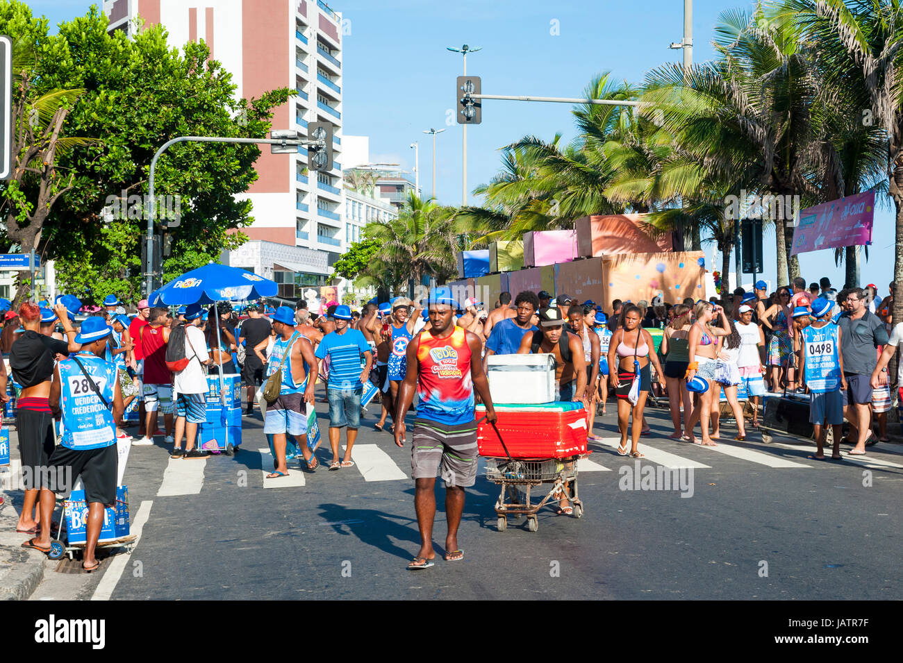 RIO DE JANEIRO - FEBRUARY 11, 2017: Crowds of young people and vendors gather at a morning street party in Ipanema during the city's carnival Stock Photo