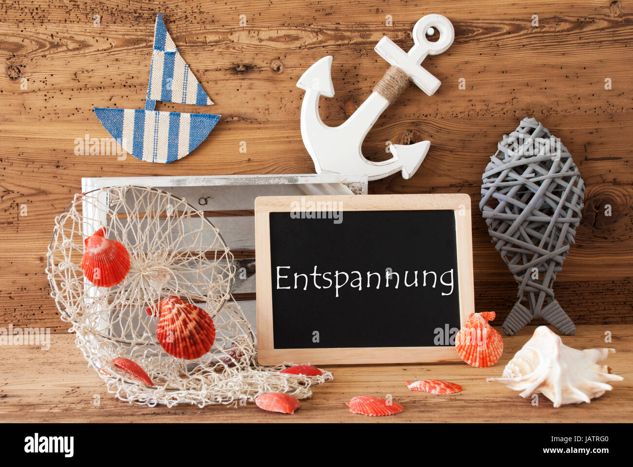 Chalkboard With Summer Decoration, Entspannung Means Relax Stock Photo
