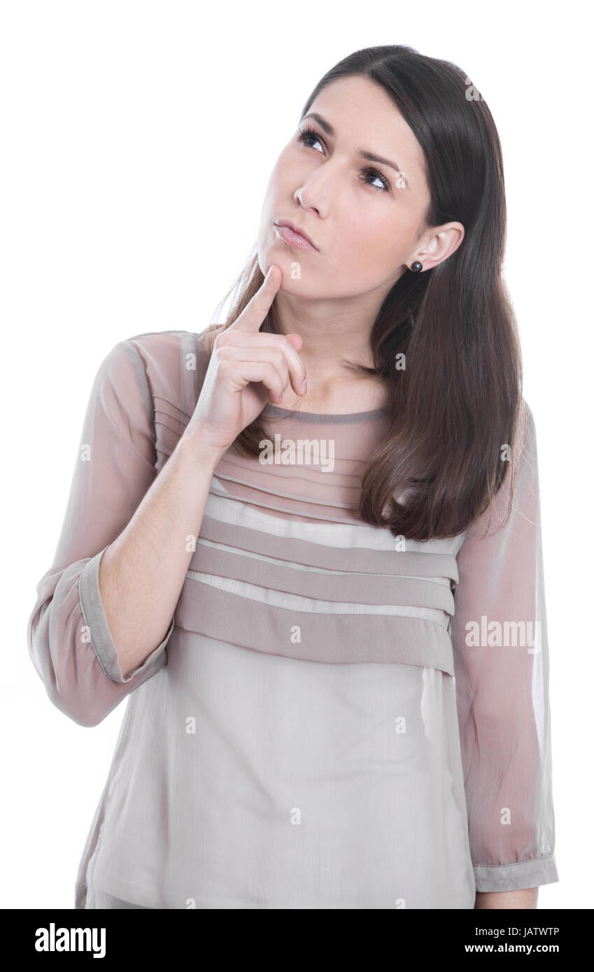 pensive woman in thought isolated and exempted Stock Photo