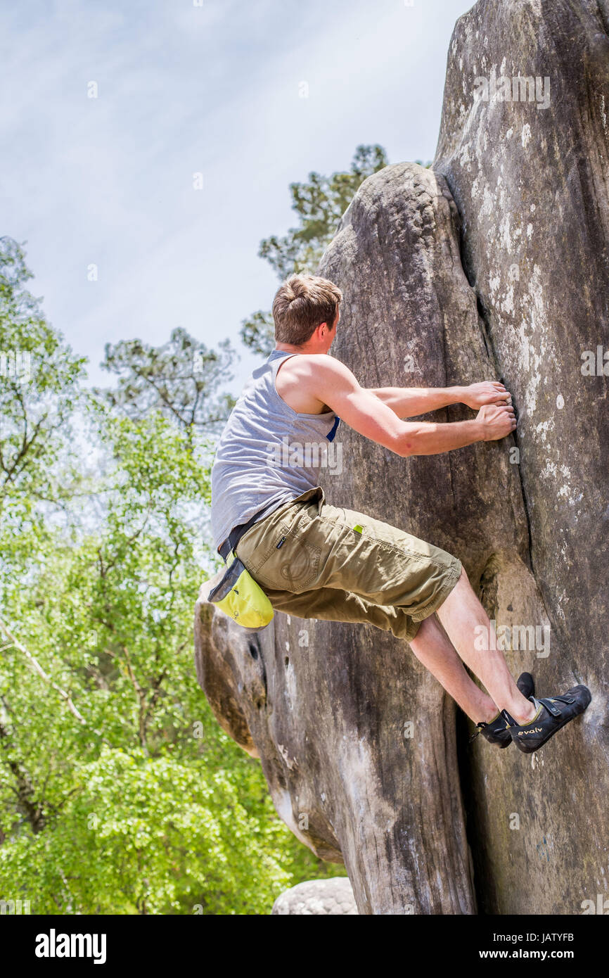 bouldering climbers in forest fontainbleau france Stock Photo