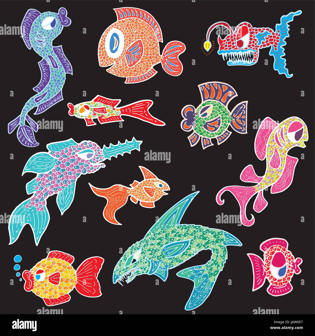 Hand Drawn Multicoloured Fish Marine Life Stock Vector Image & Art - Alamy
