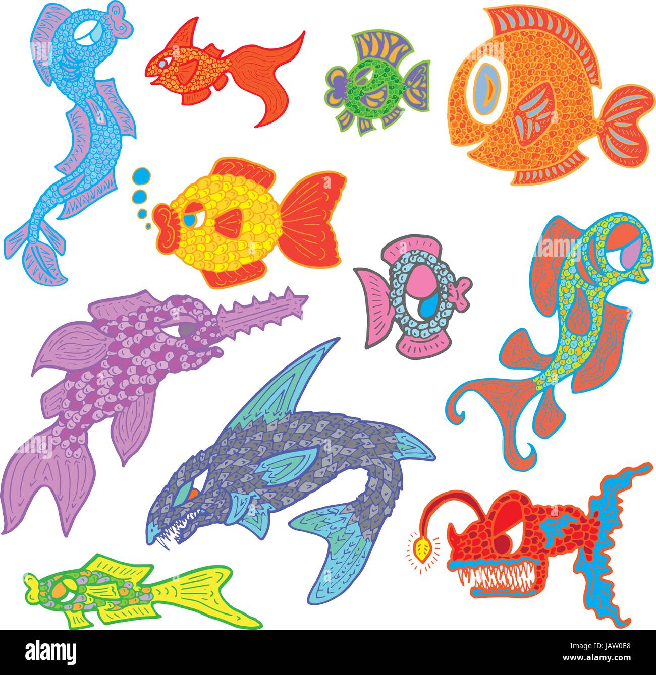 Hand Drawn Multicoloured Fish Marine Life Stock Vector Image & Art - Alamy