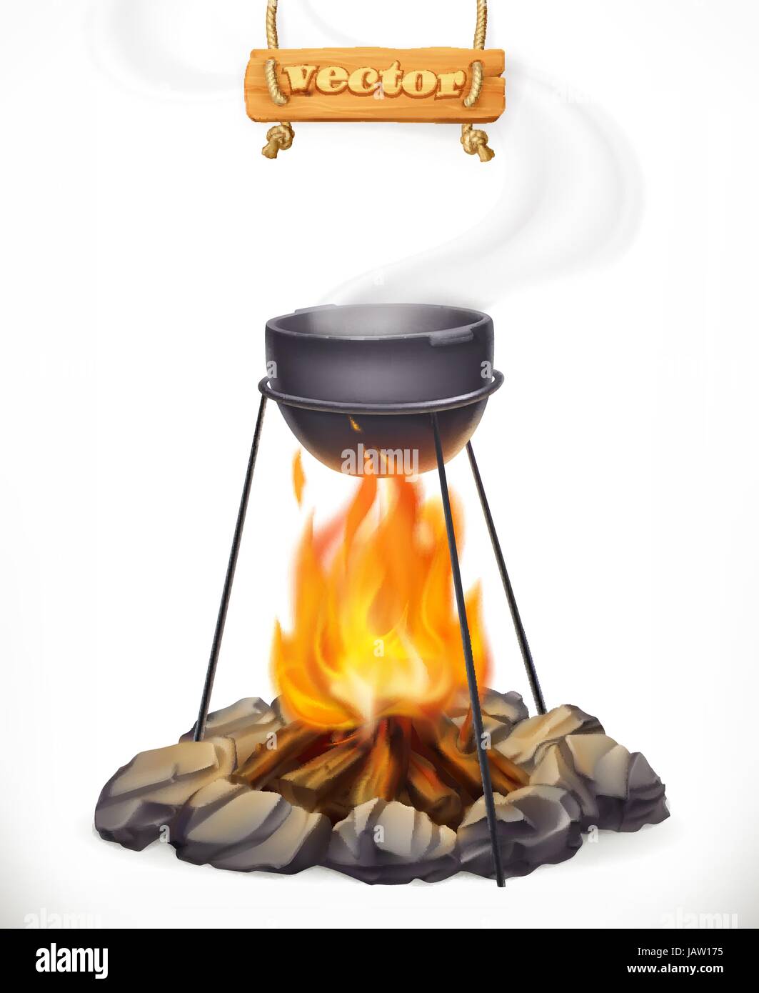 Pot over the campfire. Camping, outdoor cooking. 3d vector icon Stock Vector