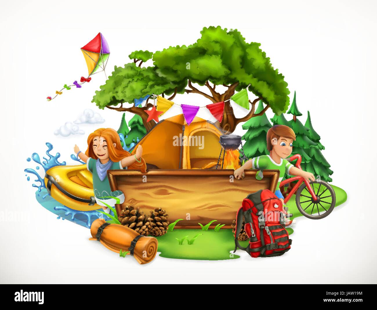 Summer camp. Camping and adventure, 3d vector illustration Stock Vector  Image & Art - Alamy
