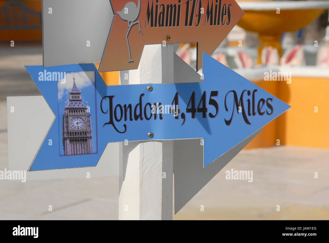 Sign post with multiple destinations, Half Moon Cay, Bahamas Stock