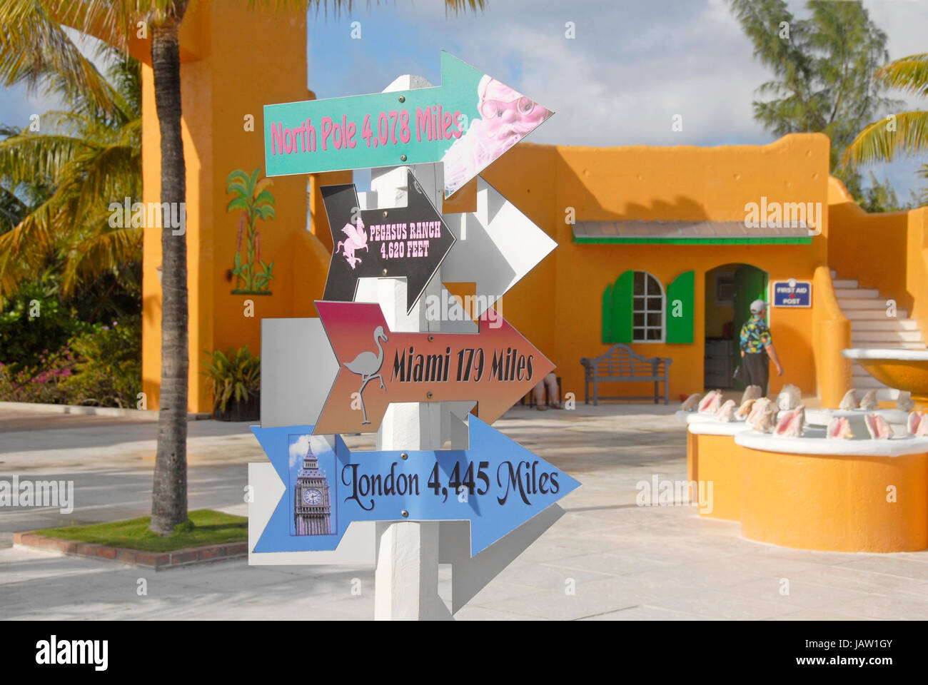 Sign post with multiple destinations, Half Moon Cay, Bahamas Stock