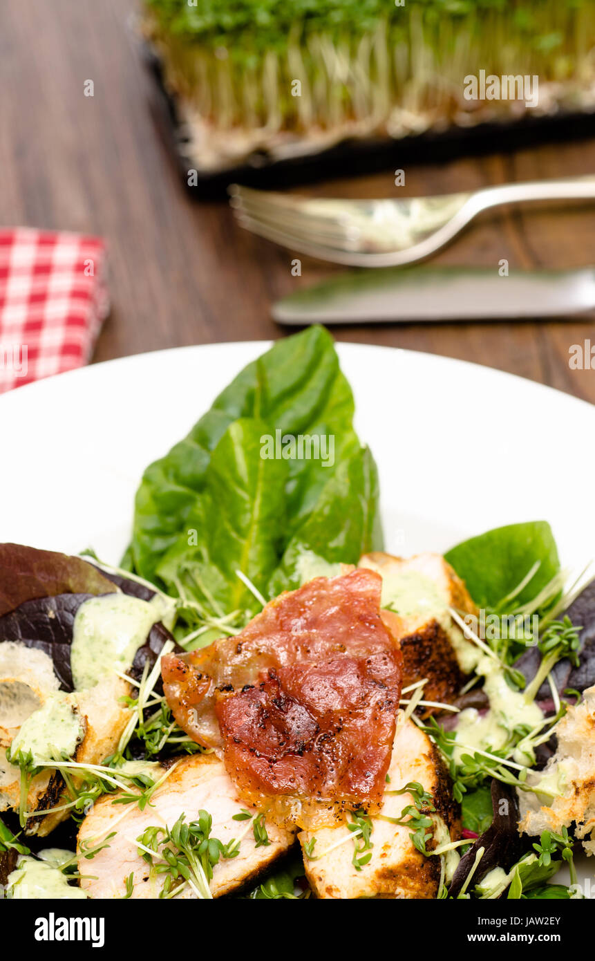 Gebratener Serrano und Filet von der Pute auf Blattsalat und Kresse ...