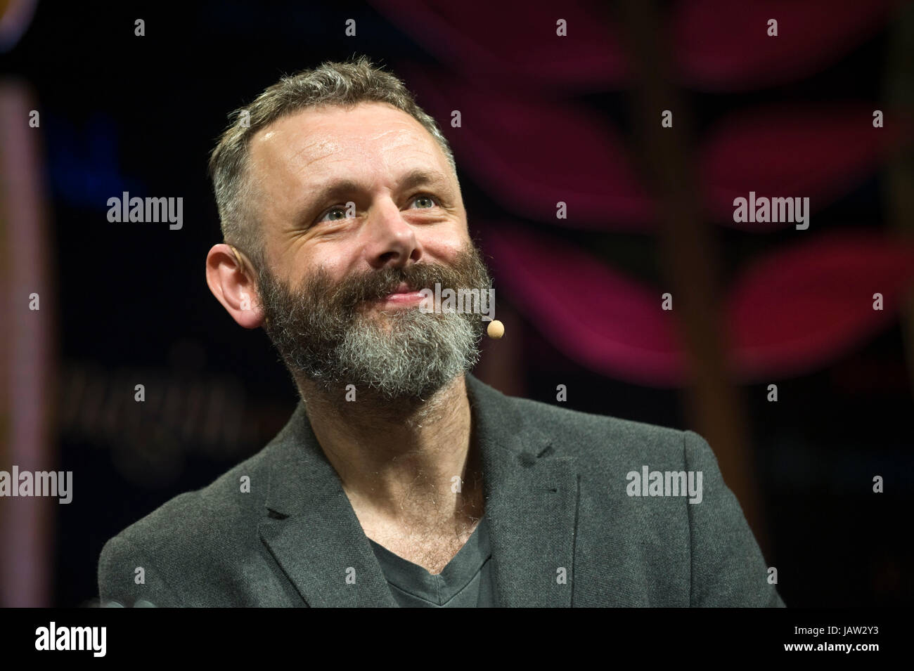 Michael Sheen actor giving the Aneurin Bevan Lecture on stage at Hay Festival of Literature and the Arts 2017 Hay-on-Wye Powys Wales UK Stock Photo