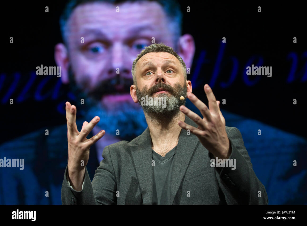 Michael Sheen actor giving the Aneurin Bevan Lecture on stage at Hay Festival of Literature and the Arts 2017 Hay-on-Wye Powys Wales UK Stock Photo