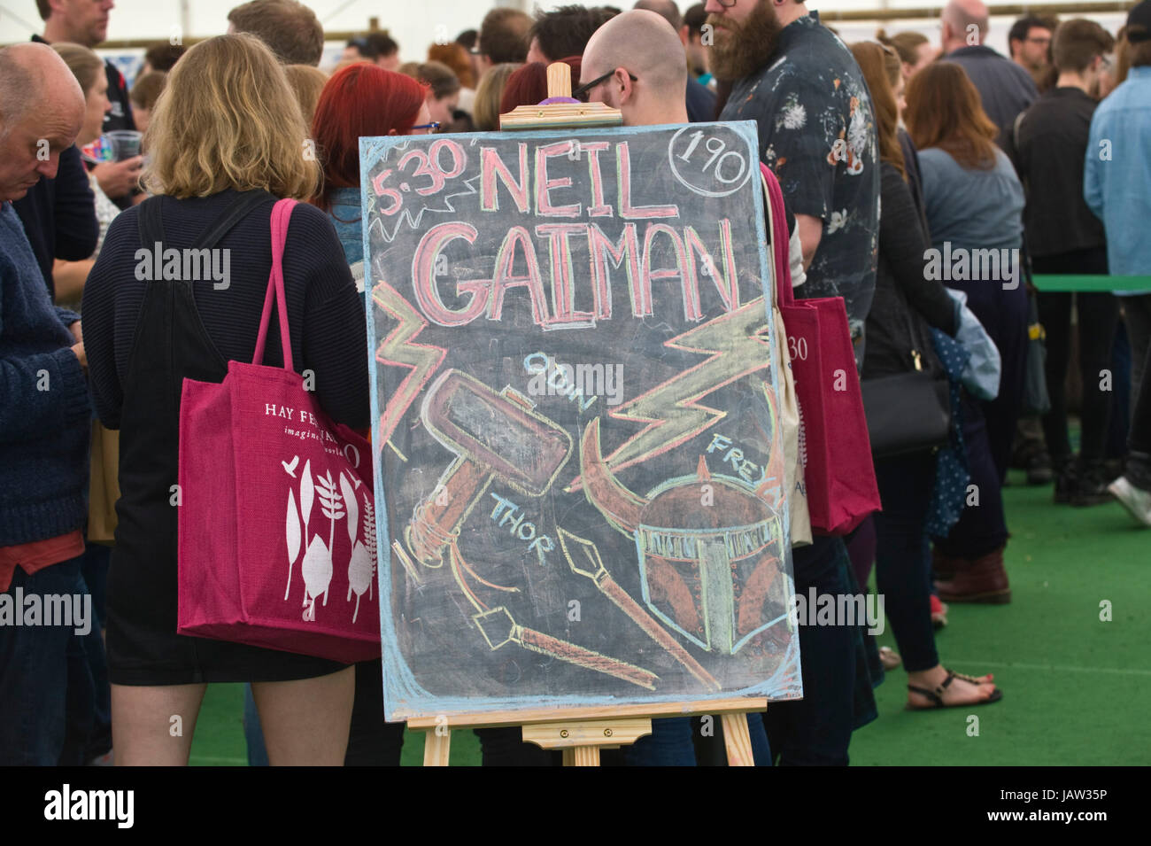Neil Gaiman chalkboard outside Tata Tent at Hay Festival 2017 Hay-on-Wye Powys Wales UK Stock Photo