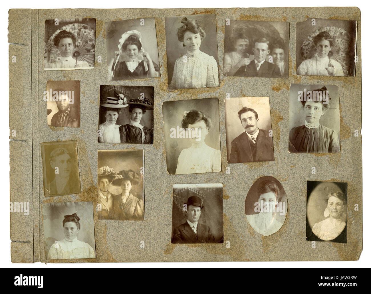 Circa 1900-1910 page from an antique scrapbook with mounted photos of various family members. Location is probably Minnesota. SOURCE: ORIGINAL SCRAPBOOK. Stock Photo
