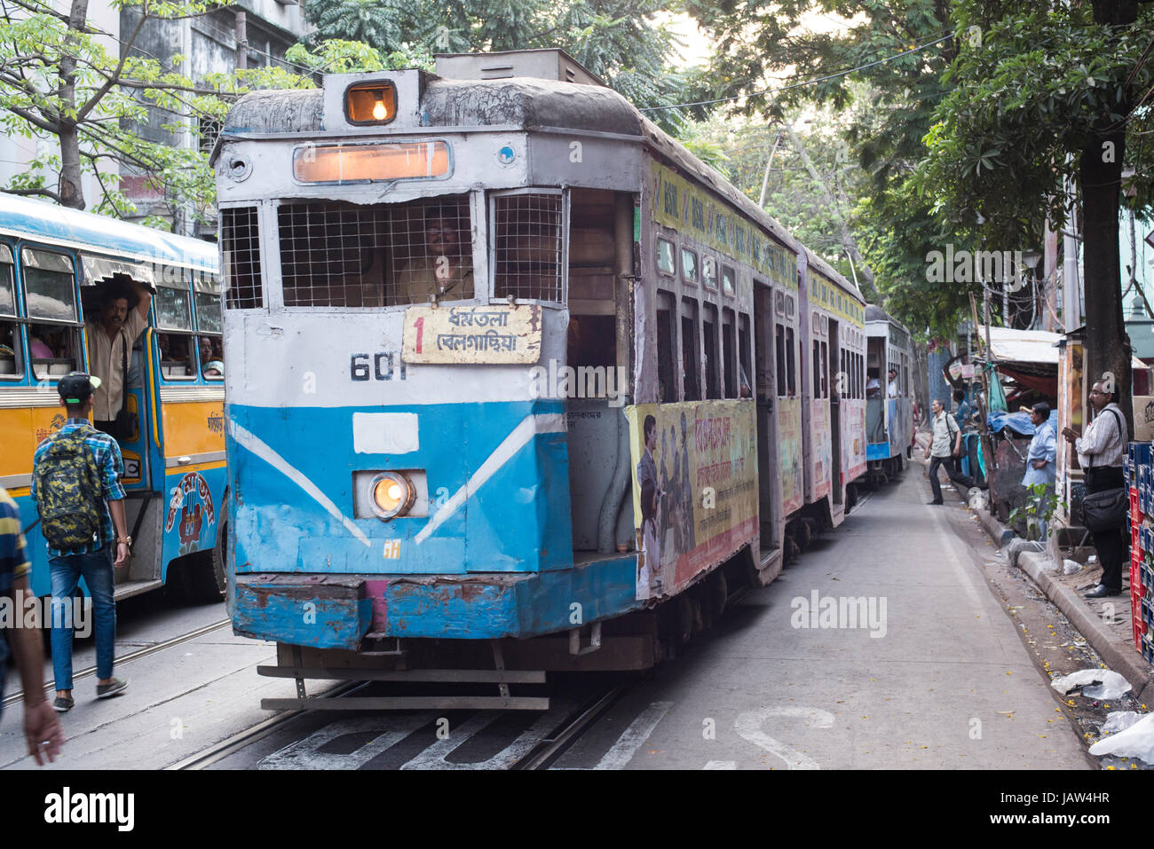A tram plies its route in Kolkata (Calcutta), West Bengal, India Stock Photo