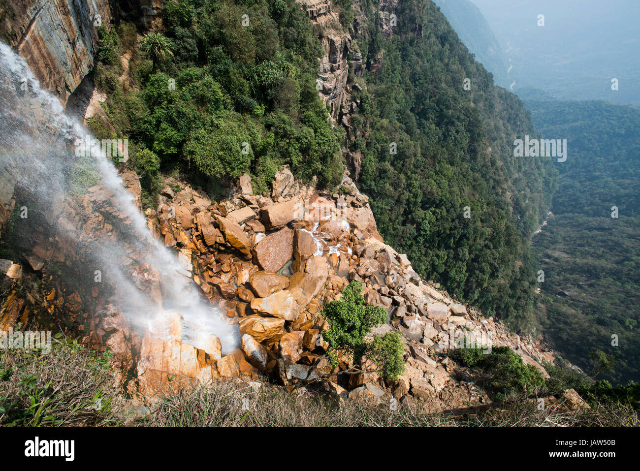Wahkaba Falls cascade down a hillside in Meghalaya state, India Stock Photo